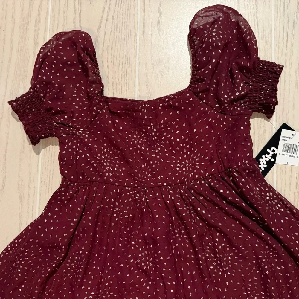 Trixxi Girl Burgundy Gold Dot Party Dress Size 8‎ Puff Sleeve Holiday NEW